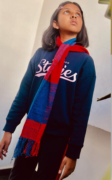 A student wearing a Fire and Water scarf. (I am the student in this photo)